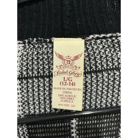 Faded Glory Black White Plaid Open Front Cardigan Wrap Sweater Sz L Fringe - Picture 5 of 8